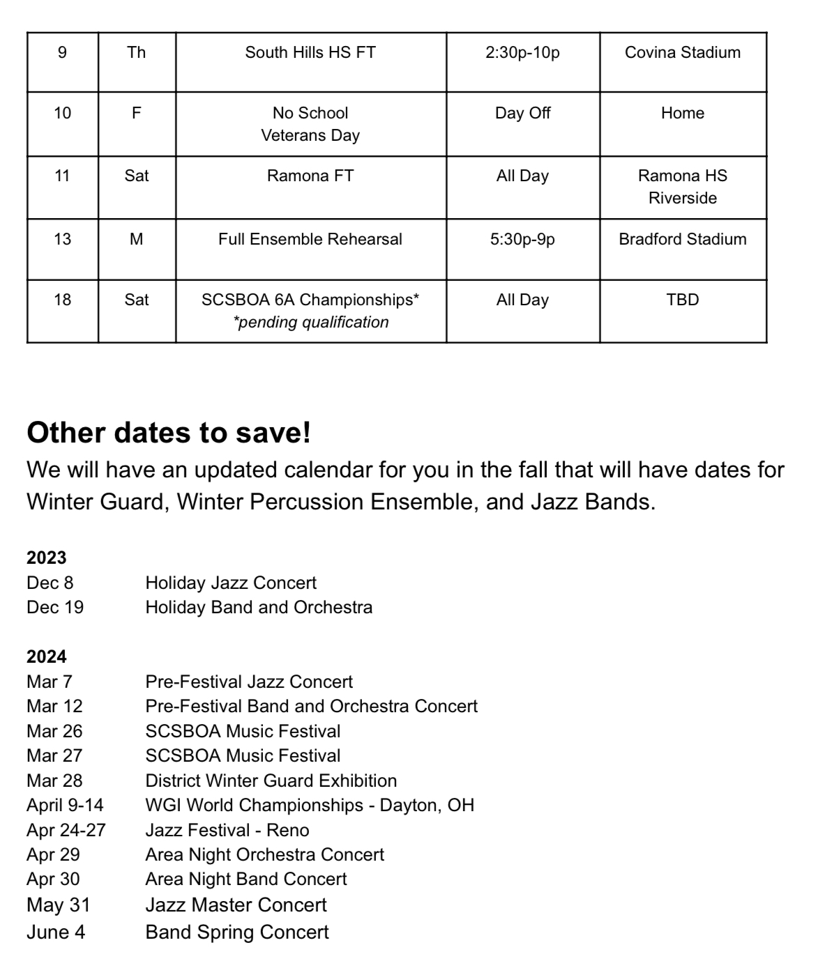 20232024 Band Schedule El Dorado High School